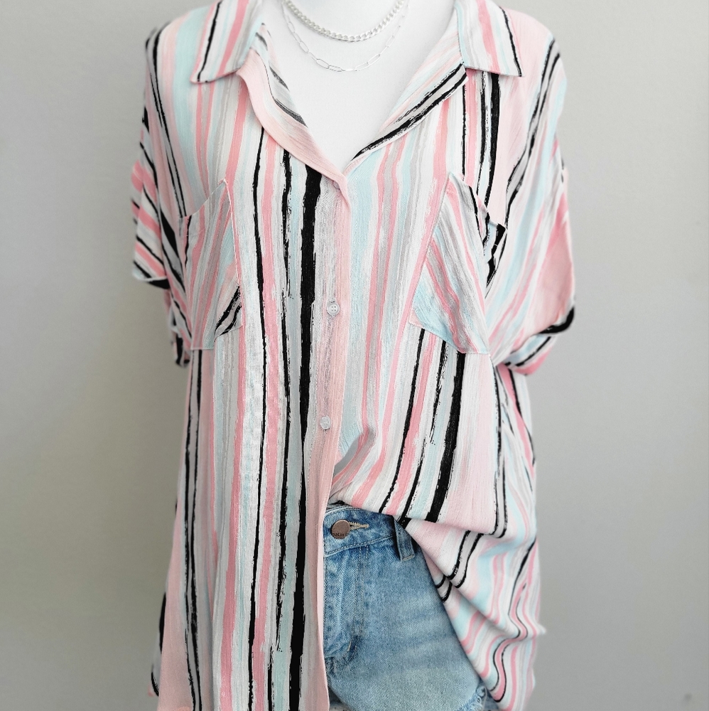 Pastel Stiped Button Down Blouse Top